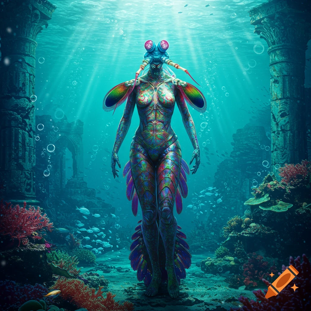 A vibrant, iridescent mantis shrimp humanoid hybrid stands in ancient underwater ruins surrounded by coral and fish, bathed in sunbeams.