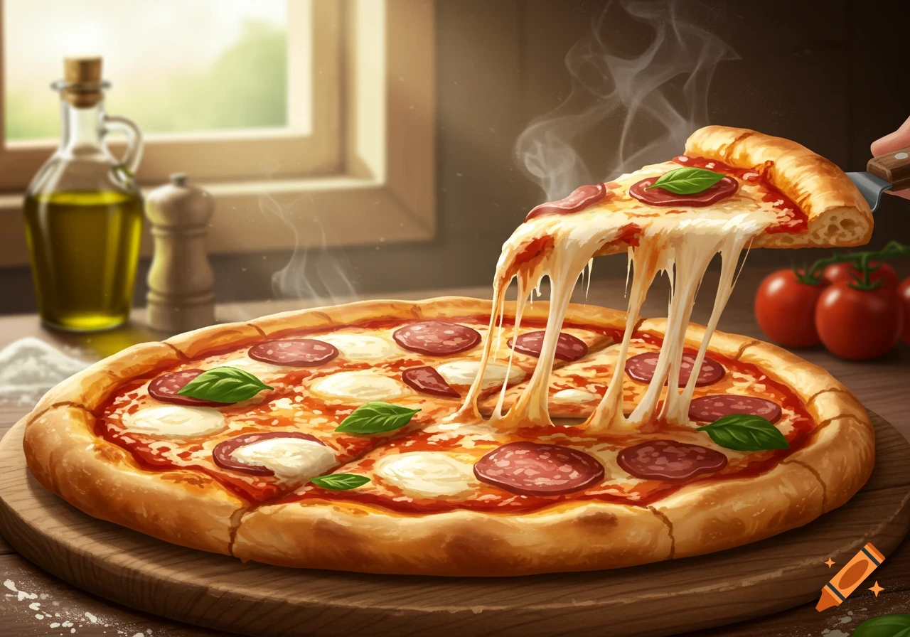 A steaming hot pizza with pepperoni, mozzarella, and basil on a wooden board. A slice is being lifted, creating long, stringy cheese pull.