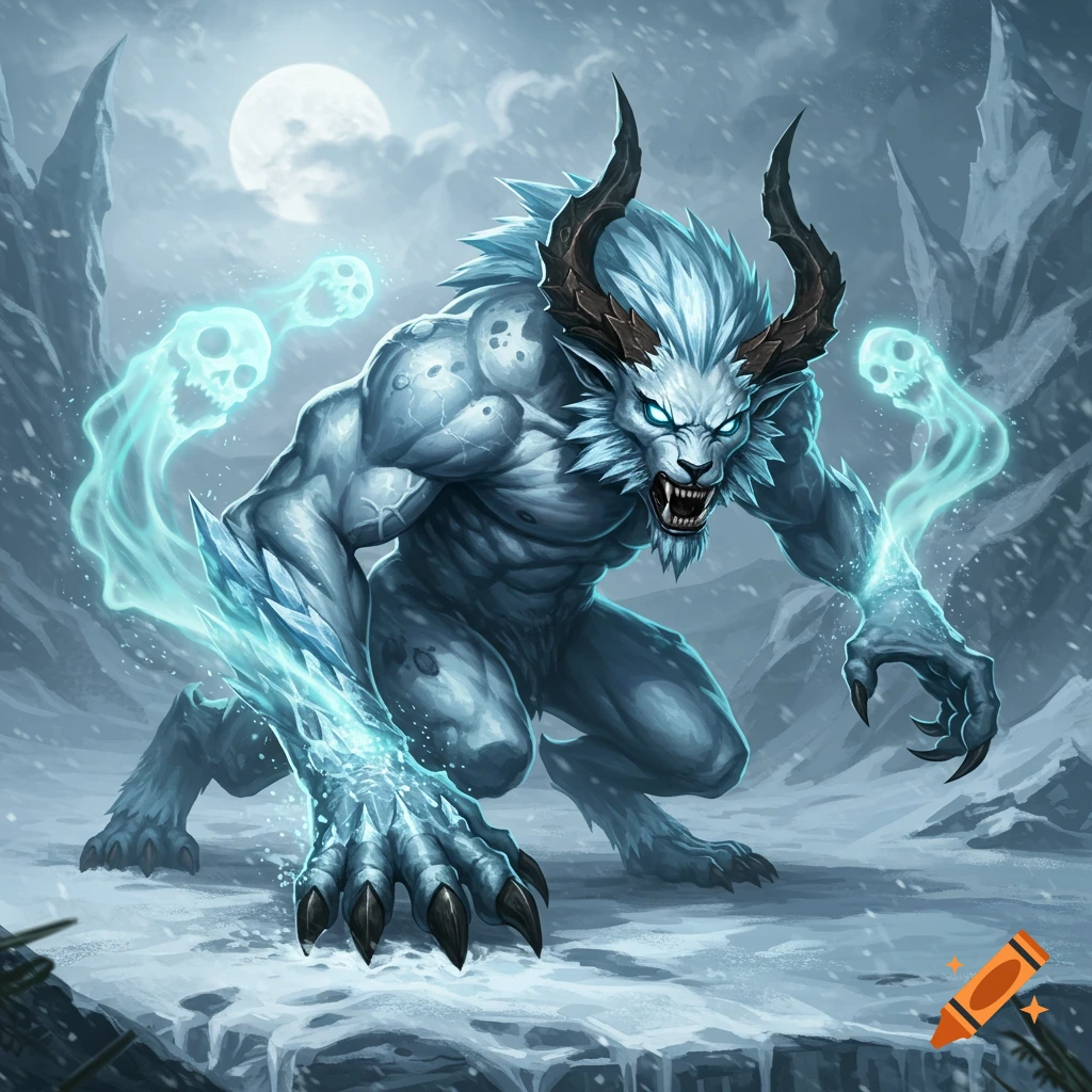 A snarling white Glacial Wraithcat with horns, glowing eyes, and ice shards on its arm crouches in a snowy landscape under a full moon.