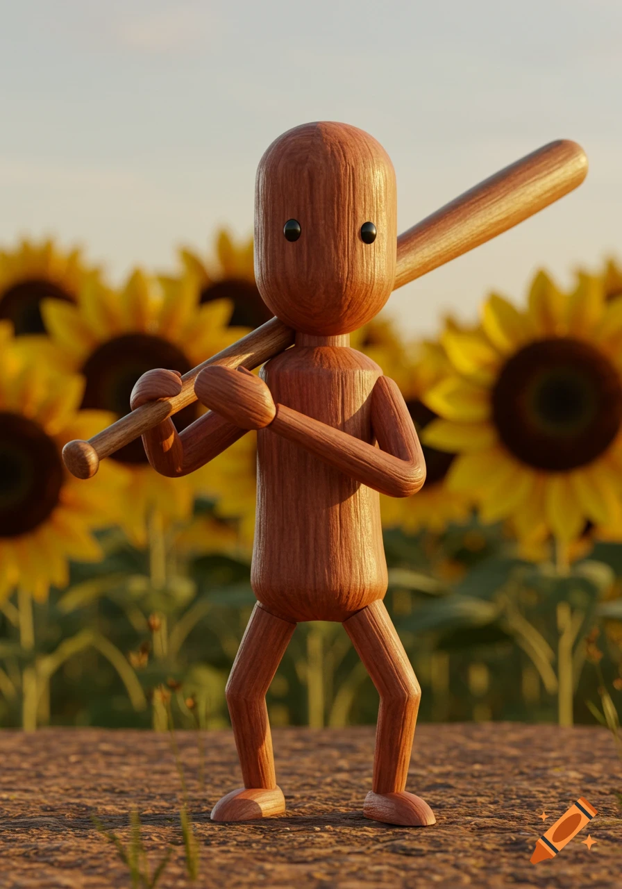 A stylized wooden figure holds a baseball bat over its shoulder, standing in a field of sunflowers under a clear sky.