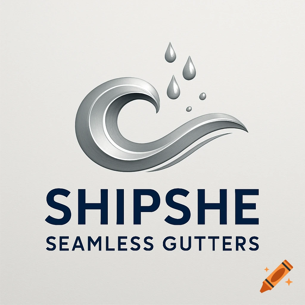 A clean logo featuring a metallic silver wave with raindrops, above the text 'SHIPSHE SEAMLESS GUTTERS' on a light gray background.