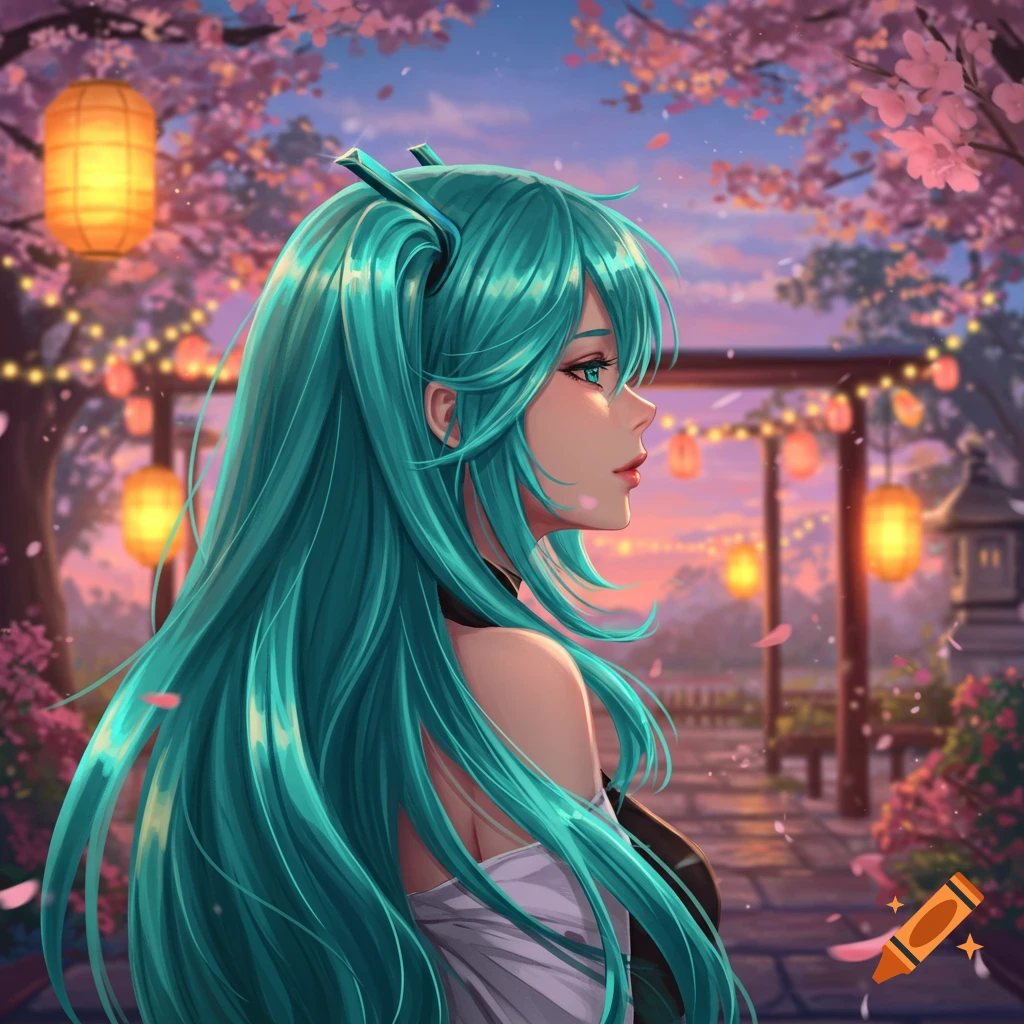 An anime girl with long teal hair looks right in a Japanese garden with cherry blossoms and glowing lanterns at sunset.