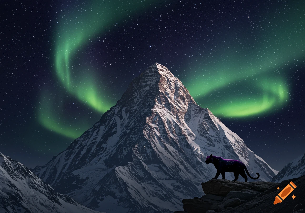 A majestic black panther with glowing purple spots stands on a rock before a snow-capped mountain under a starry night with a green aurora.