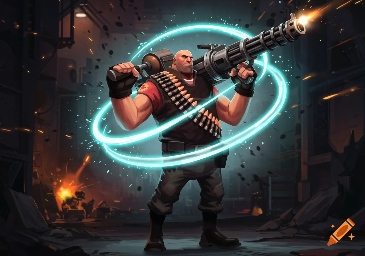 A muscular man with a minigun surrounded by glowing blue energy, firing in a ruined industrial setting, in a stylized illustration.