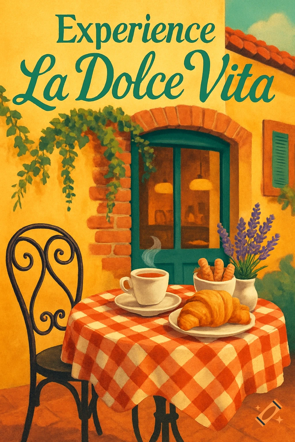 Vibrant stylized painting of an Italian cafe scene: table with coffee, croissant, lavender, and text 'Experience La Dolce Vita'.