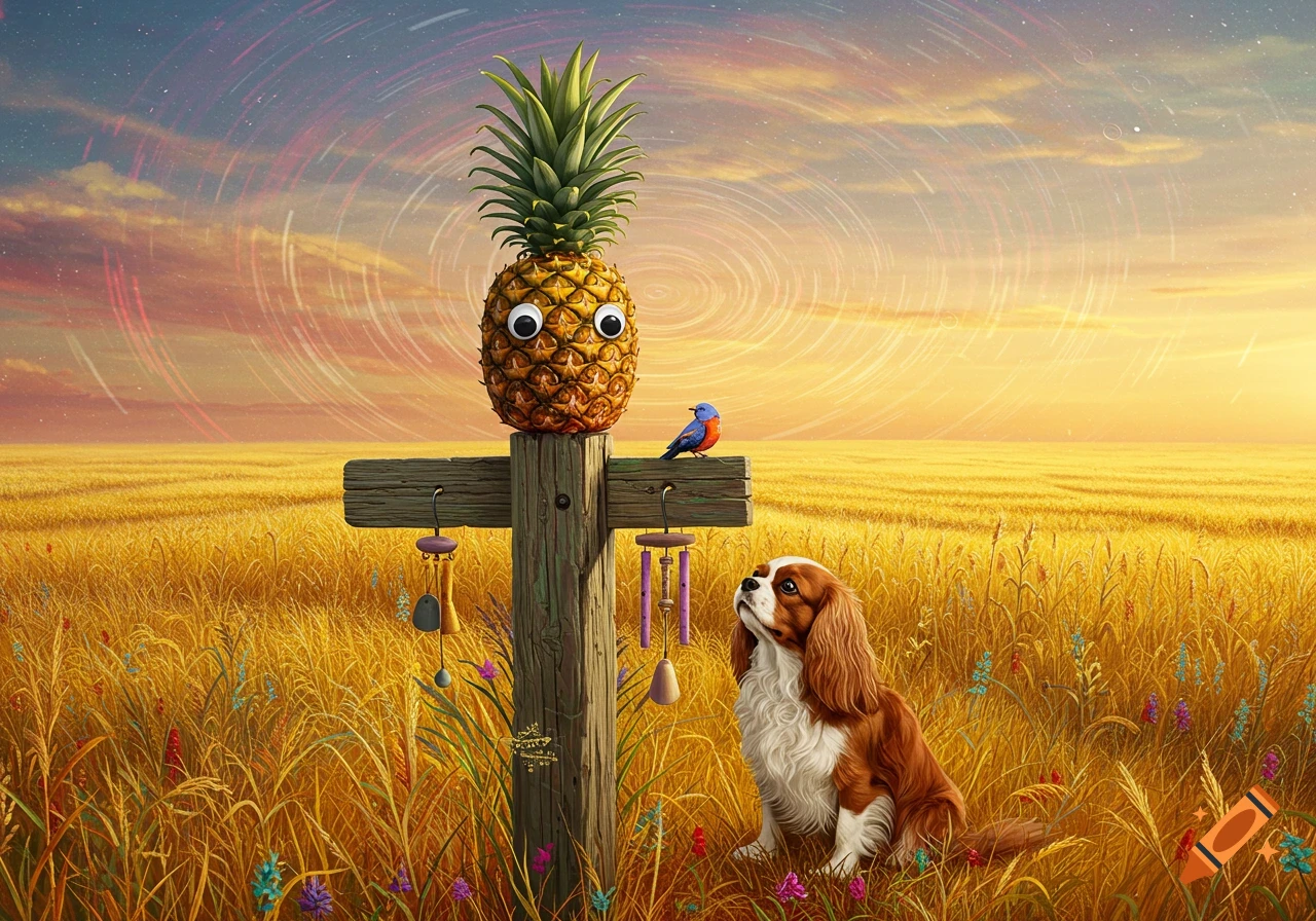 A Cavalier King Charles Spaniel dog gazes up at a googly-eyed pineapple on a wooden post in a golden field beneath a trippy sky.