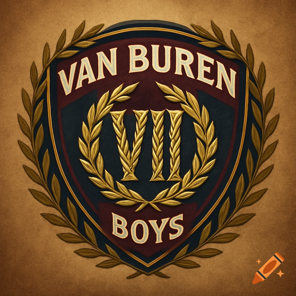 Crest logo for 'VAN BUREN BOYS' with golden 'VIII' Roman numerals, framed by olive branches on a textured background.