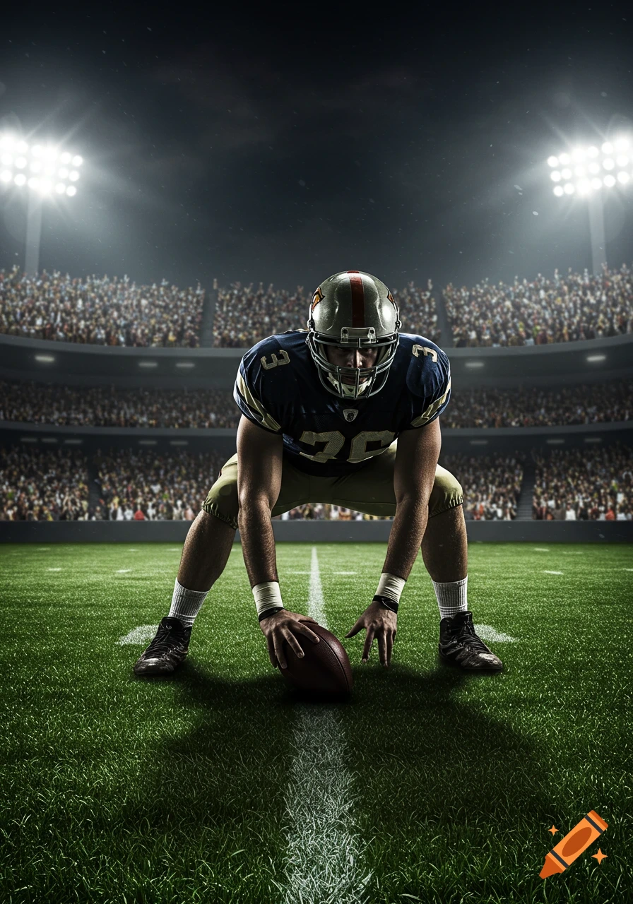 Photorealistic shot of an American football player in a ready stance on a field under stadium lights with a crowd.
