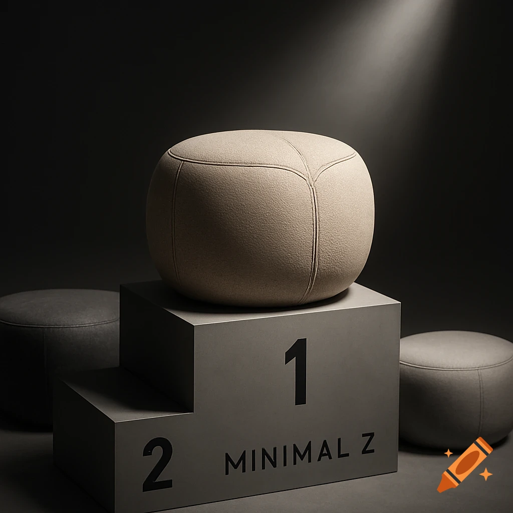 Beige, round pouf on a '1' labeled podium with 'MINIMAL Z' text, flanked by two darker poufs in a dramatic spotlight.