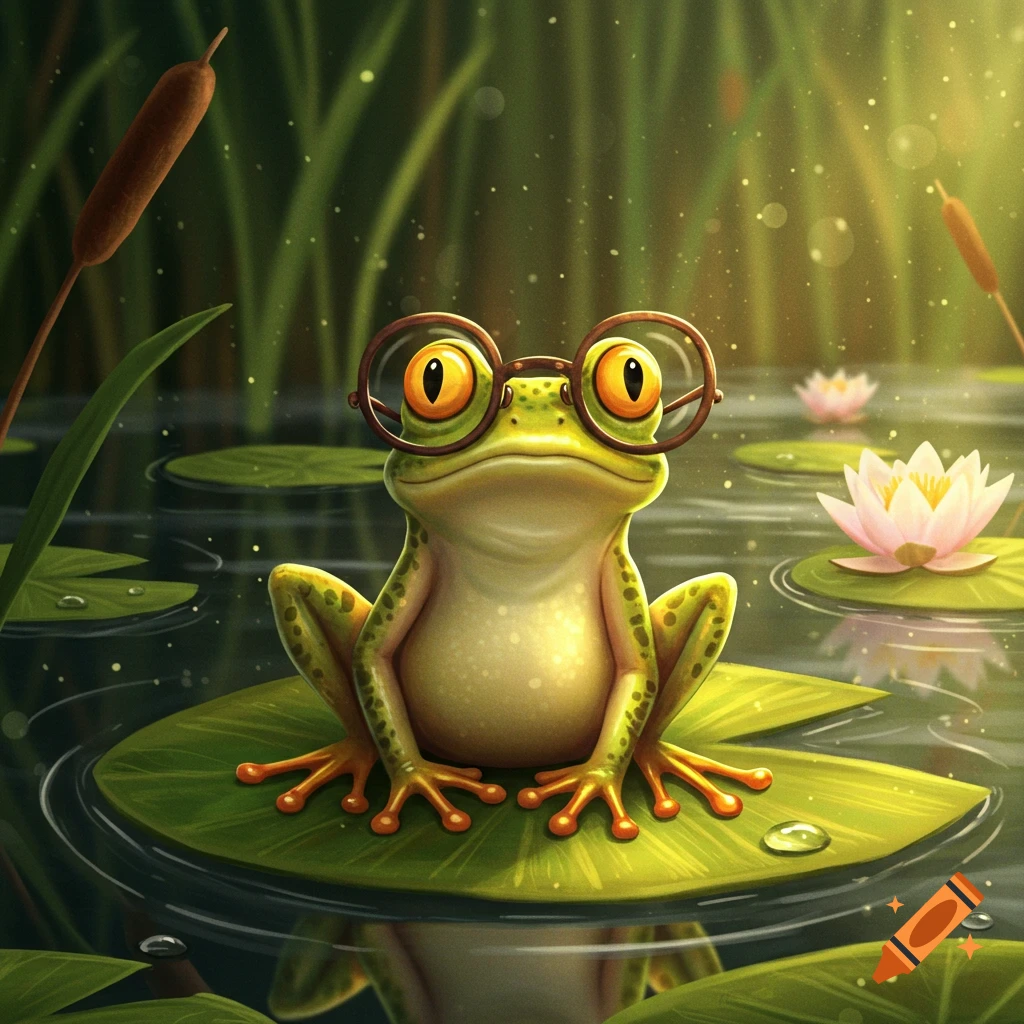 A cute cartoon frog with big round glasses sits on a lily pad in a pond with water lilies and cattails.