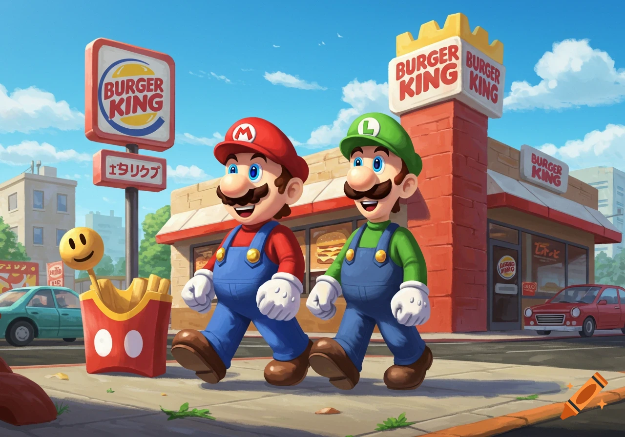 Cartoon Mario and Luigi walk past a Burger King restaurant on a sunny day, with a box of fries in the foreground.