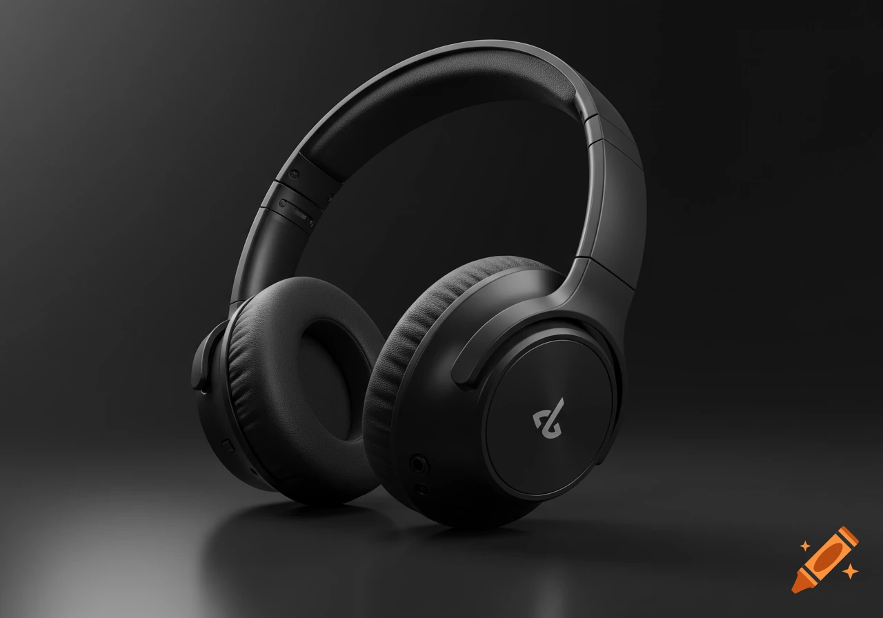 Matte black over-ear headphones with a subtle logo on the earcup, resting on a reflective dark surface.
