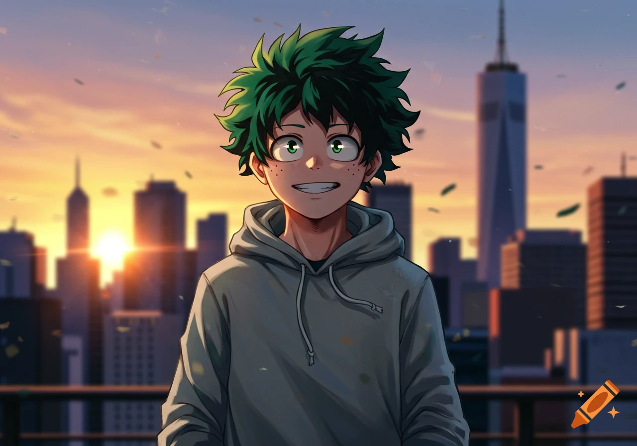 A happy Izuku Midoriya in a grey hoodie smiles, set against a vibrant sunset city skyline with tall buildings.