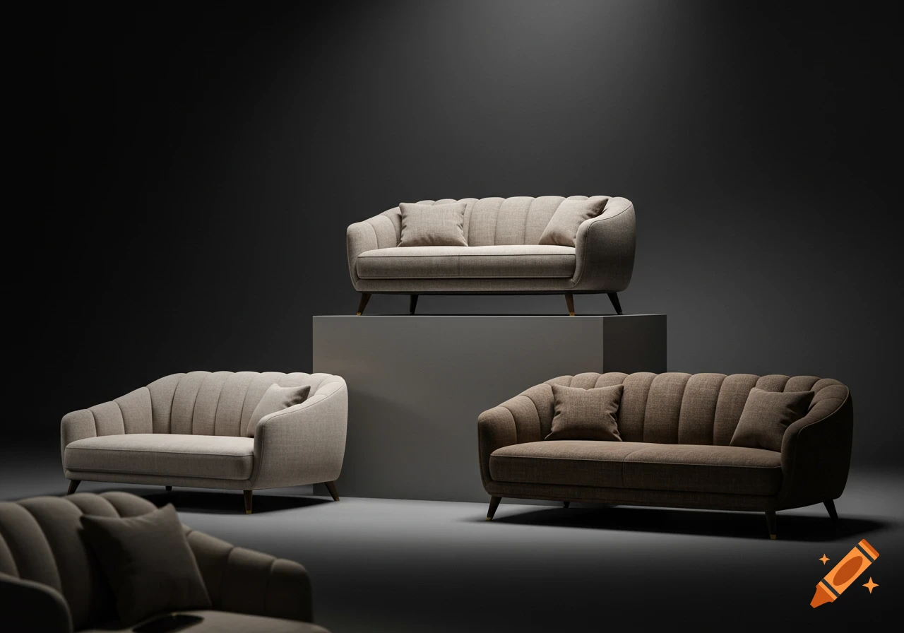 Photorealistic image of three stylish sofas on a dimly lit awards podium, spotlighting a detailed beige sofa.