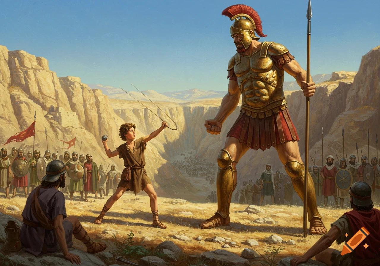 Hyper-realistic oil painting of young David slinging a stone at the towering armored giant Goliath in a desert canyon with armies watching.