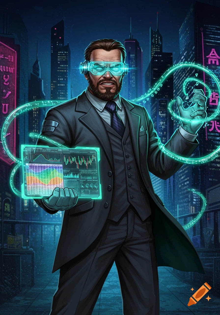 A cyberpunk supervillain in a suit with glowing goggles and powers, holding a holographic data tablet in a neon city.