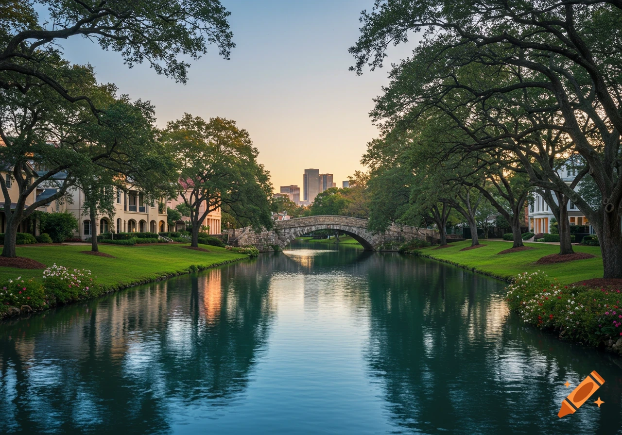 A scenic canal with a stone bridge, elegant houses, lush trees, and a distant city skyline under a soft evening sky.