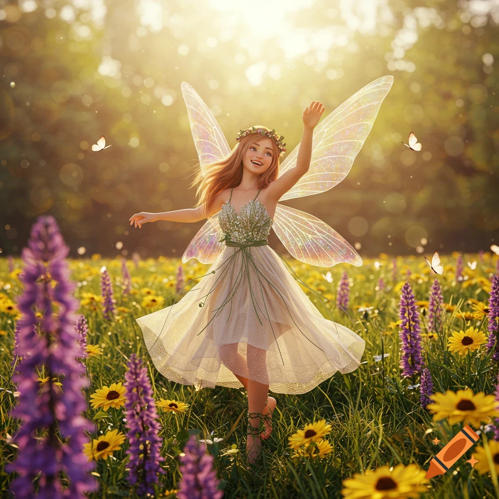 A joyful fairy with iridescent wings and a flower crown dances in a sunny meadow filled with purple and yellow wildflowers.