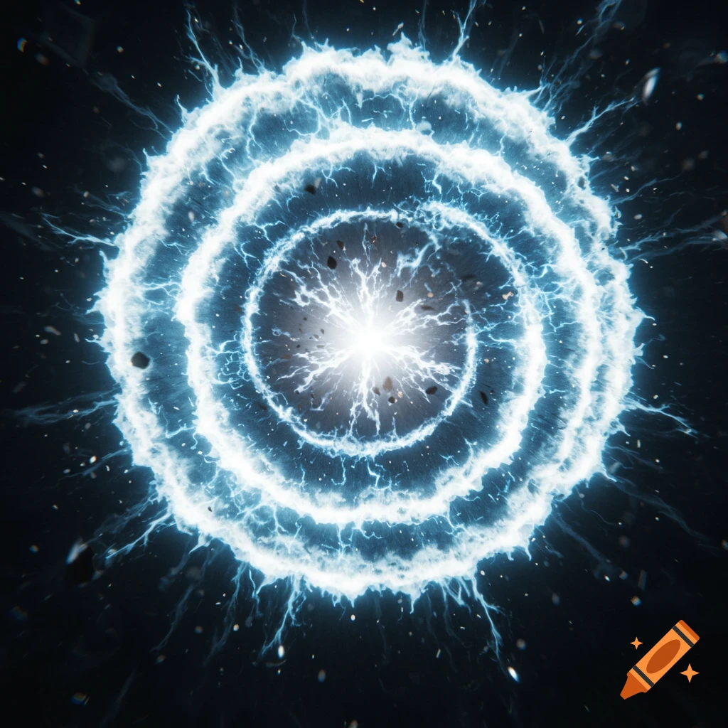 A vibrant blue energy shock wave with concentric rings and a bright white core, surrounded by dark debris against a black background.