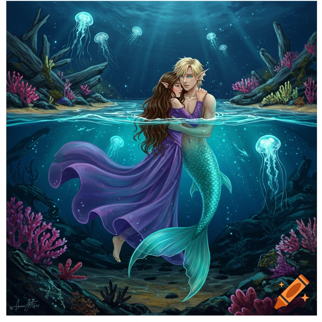 A semi-realistic painting of a girl in a purple dress embracing a blonde merman underwater, surrounded by jellyfish and coral.