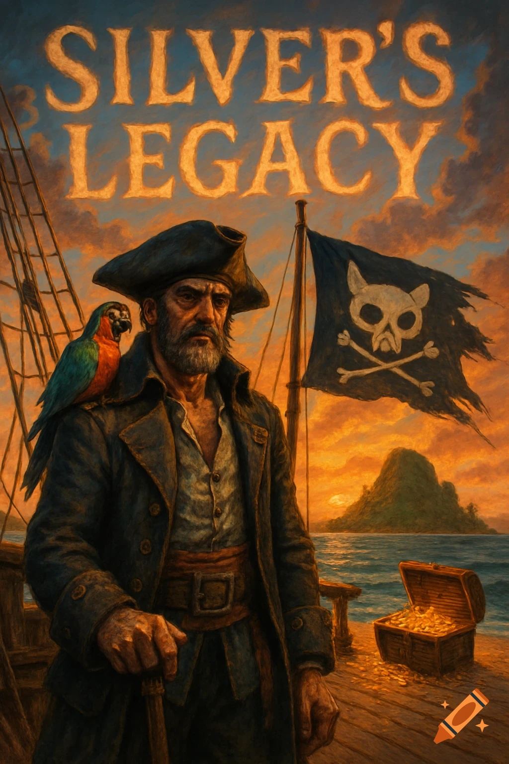 A grizzled pirate with a parrot on his shoulder stands on a ship's deck at sunset, with a cat-eared Jolly Roger flag and a treasure chest. "SILVER'S LEGACY" is written in the sky.
