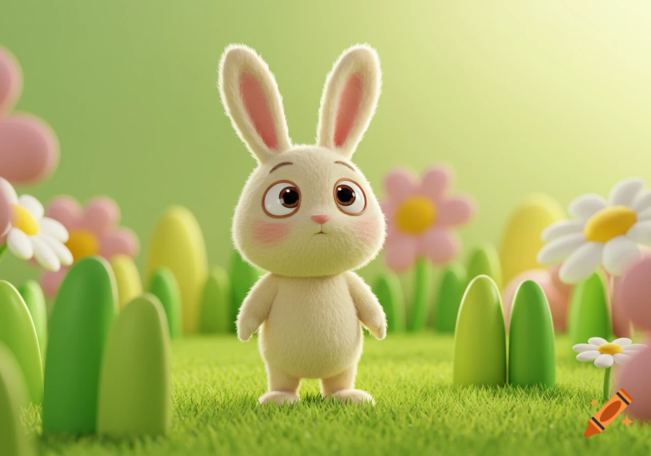 A cute, fluffy, cartoon rabbit with big eyes stands in a vibrant green field with pink and white flowers, in a Pixar animation style.