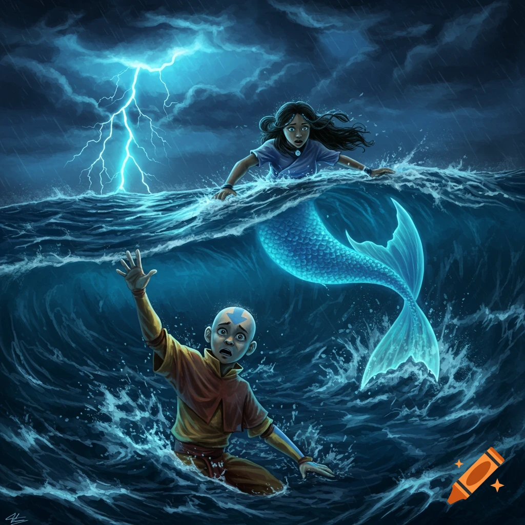 Aang from Avatar is sinking in a stormy sea as a mermaid Katara swims to rescue him under a lightning-filled sky in a dramatic illustration.