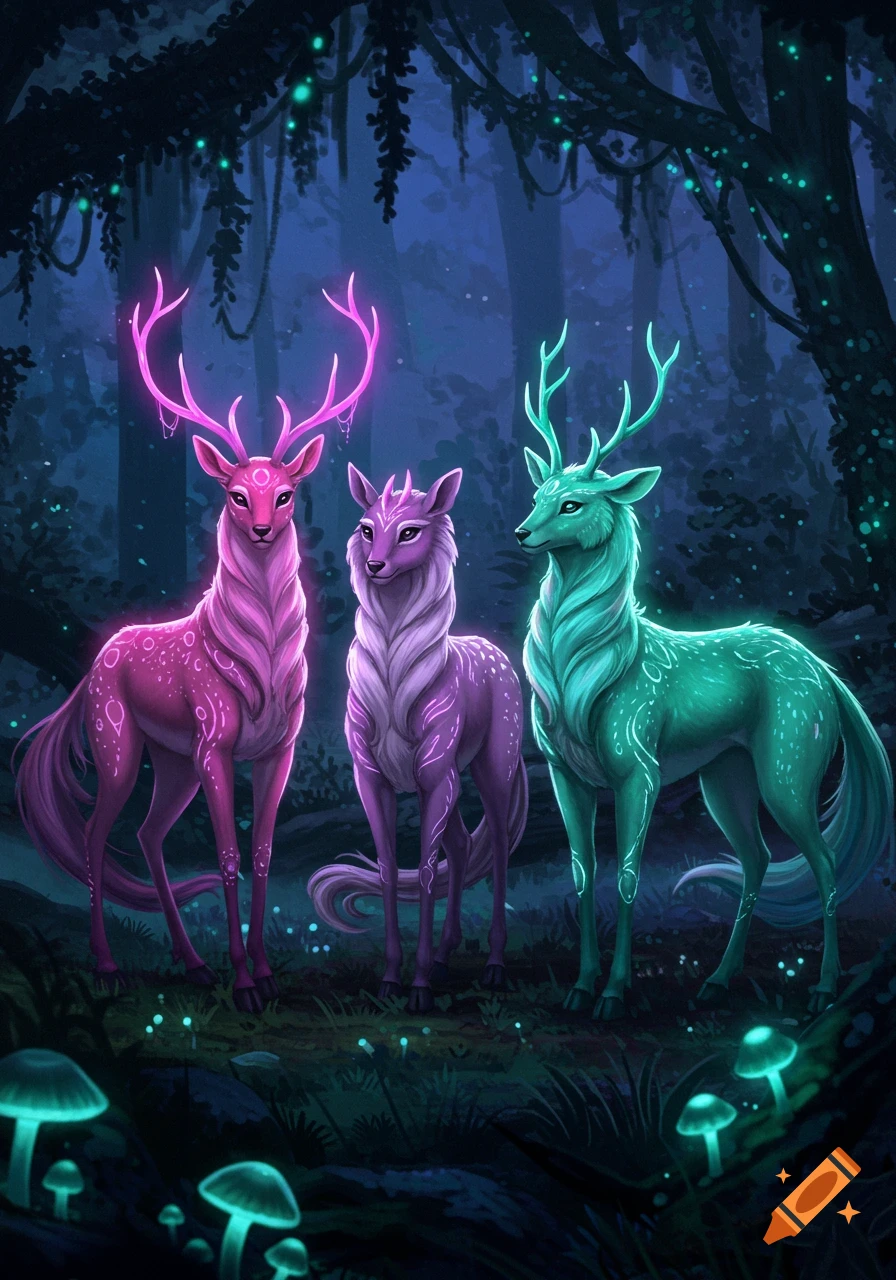 Three glowing magical deer, pink, purple, and teal, stand in a dark, enchanted forest with bioluminescent mushrooms.