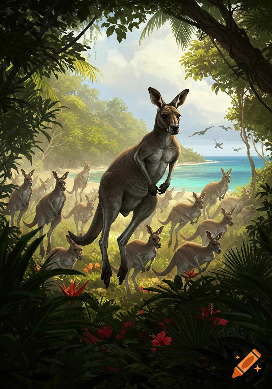 A large kangaroo leads a mob through a vibrant tropical jungle towards a sunny beach and ocean in a digital painting.
