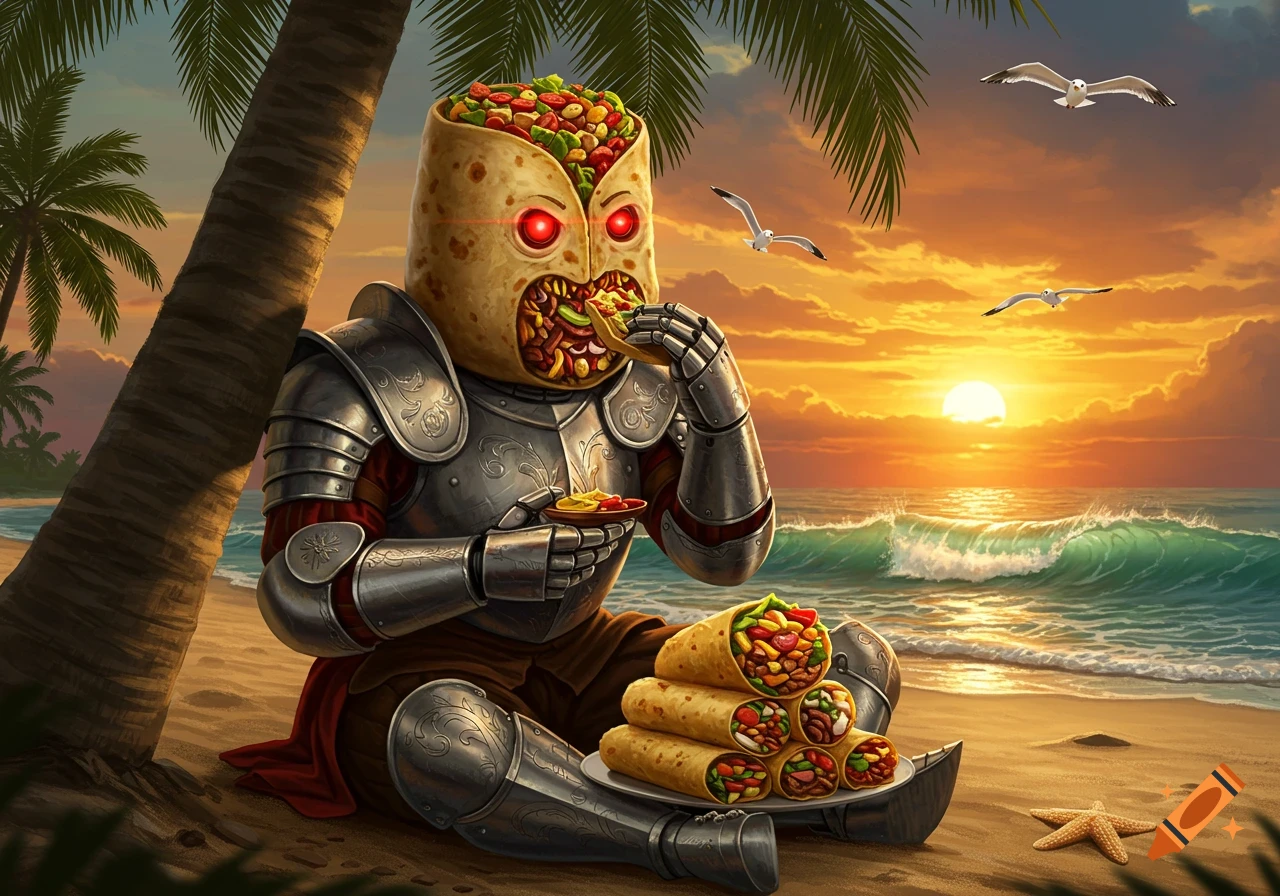 A surreal armored burrito creature with glowing red eyes sits on a tropical beach at sunset, eating a burrito while holding more on a plate.