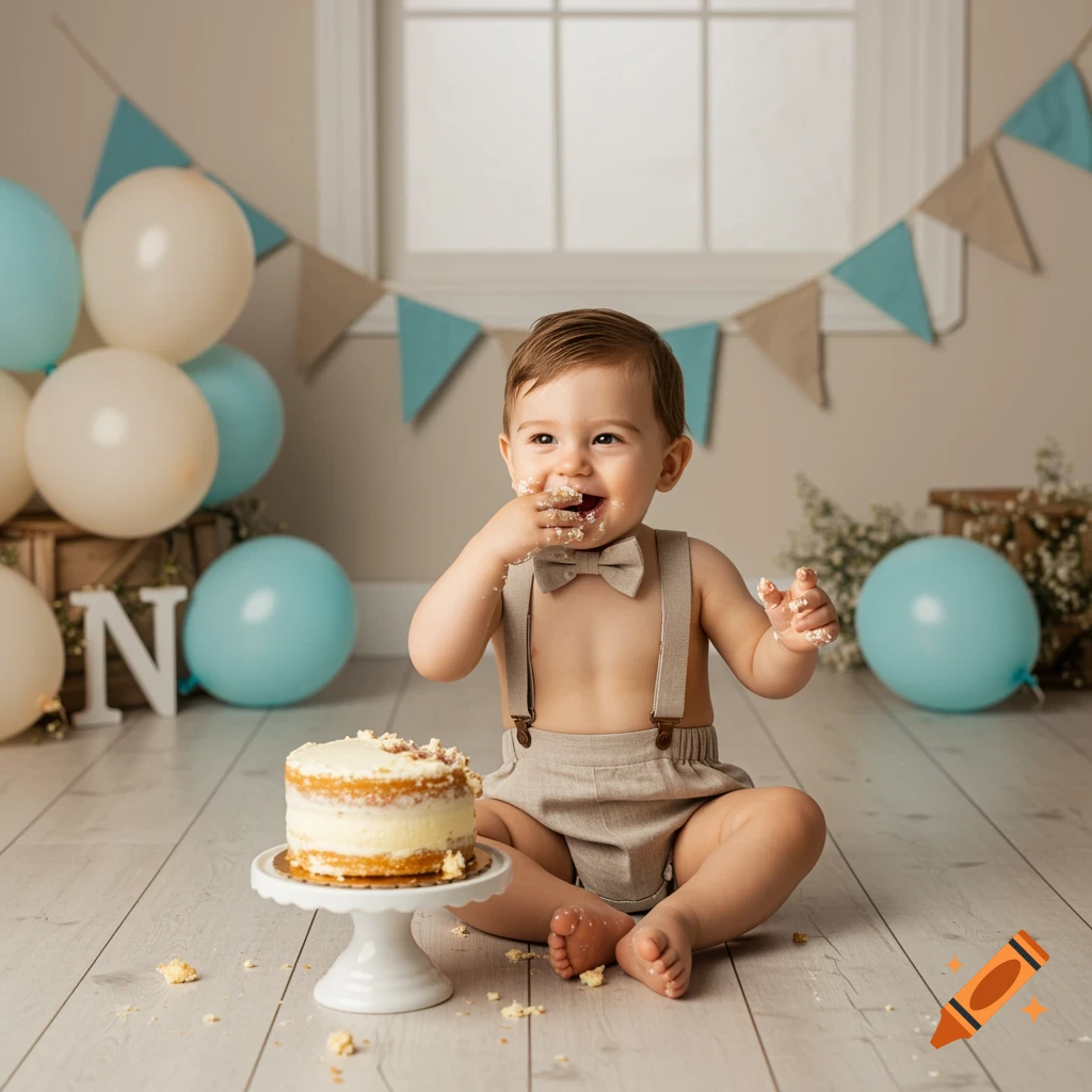Happy baby boy in a cake smash outfit covered in frosting, sitting on the floor with balloons and a banner.