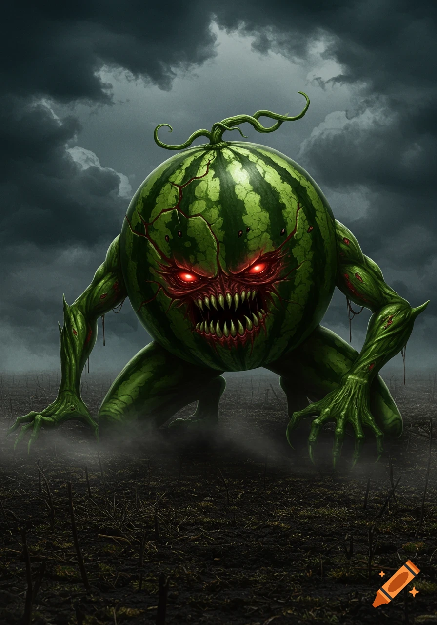 A scary watermelon monster with glowing red eyes and sharp teeth crawls through a dark field under a stormy sky.