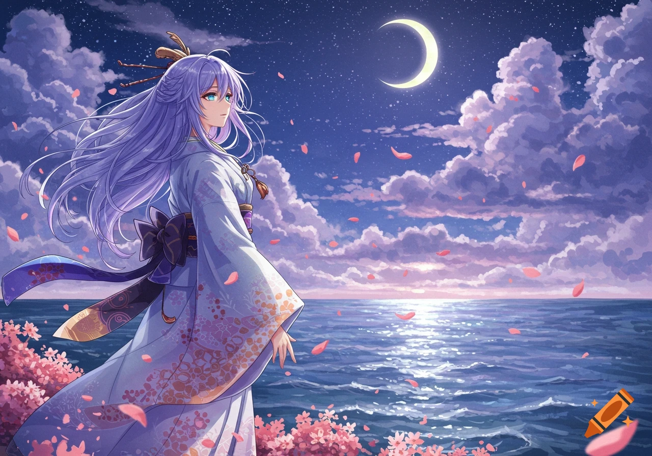 Anime woman with purple hair in a kimono by a moonlit ocean, with falling pink petals and clouds.