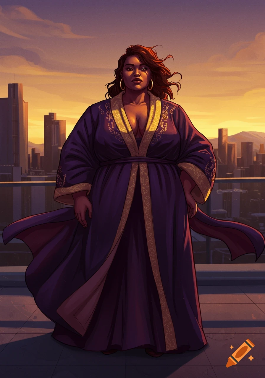 Stylized illustration of a large woman in a flowing purple and gold robe on a rooftop, overlooking a city skyline at sunset.