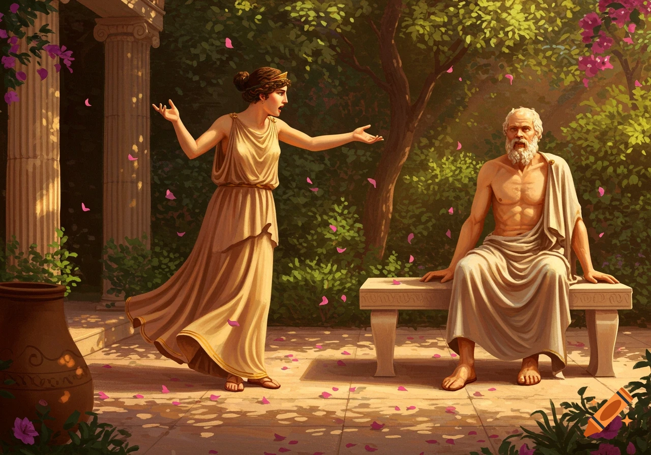 A digital painting of an upset Xanthippe gesturing at a calm, seated Socrates in an outdoor classical garden with falling pink petals.