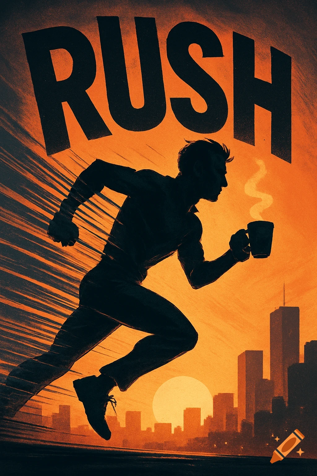 Stylized silhouette of a man running with a coffee cup against an orange sunset cityscape, with 'RUSH' text above.