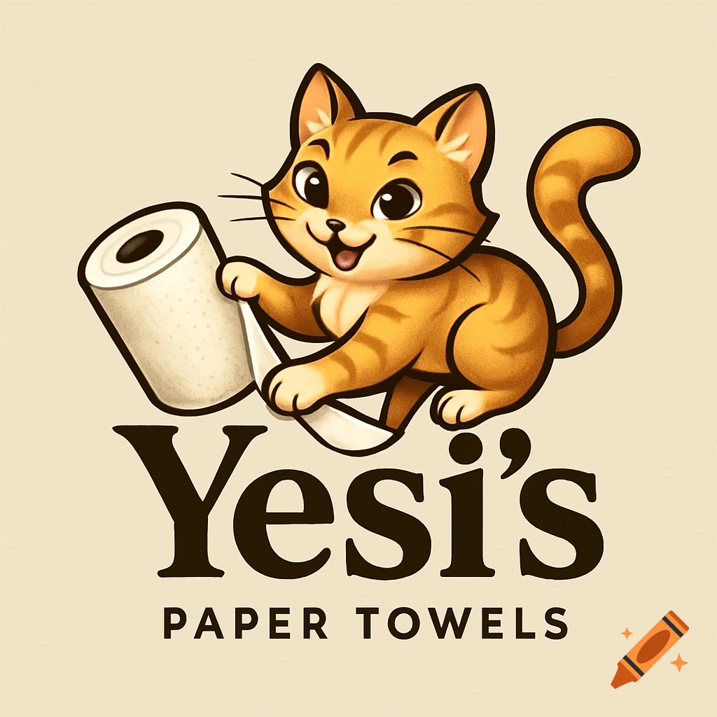 Cartoon logo of a happy orange tabby cat playing with a roll of paper towels. Text reads Yesi's Paper Towels.
