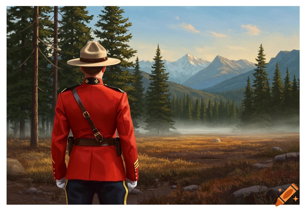 An illustration of a Canadian Mountie in uniform looking out at a scenic landscape of forests, misty fields, and snow-capped mountains.