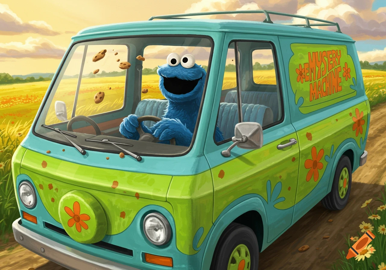 Illustrated Cookie Monster drives the Mystery Machine van through a sunny field with cookies floating.