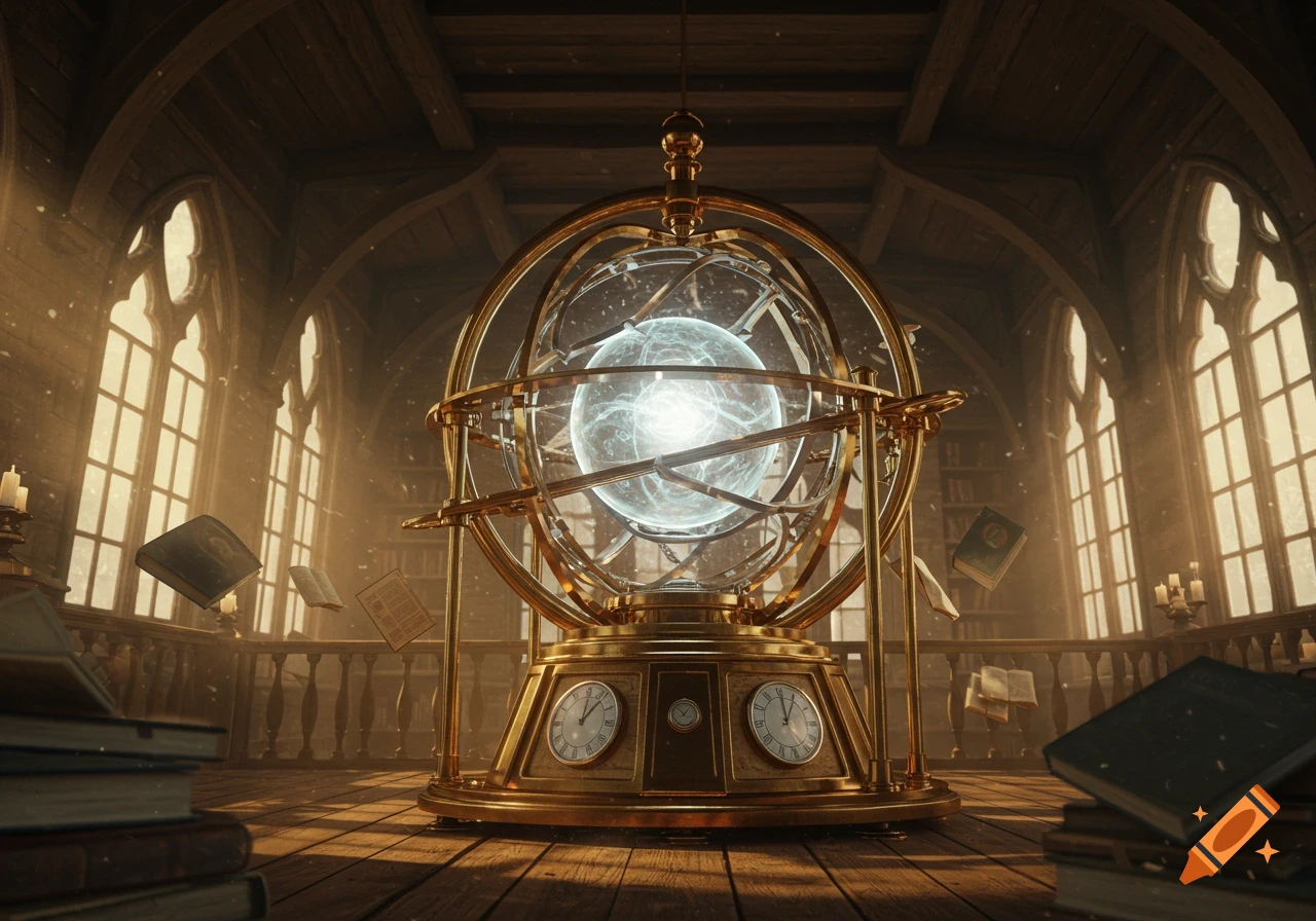 An ornate gold time machine with a glowing energy core sits in a grand, high-ceilinged library with tall windows and floating books.