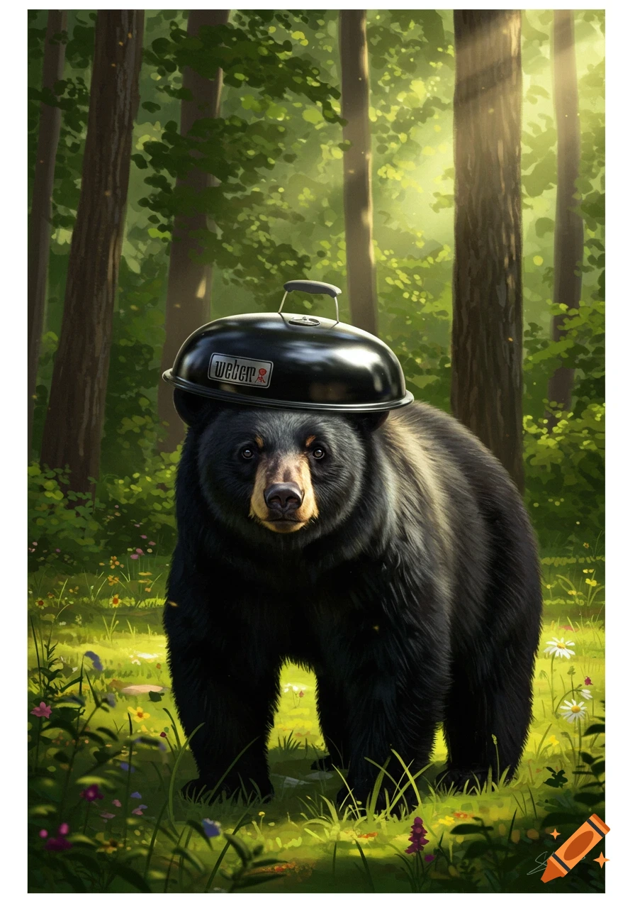 An illustrated black bear stands in a sunlit forest clearing, wearing a black Weber grill lid on its head.