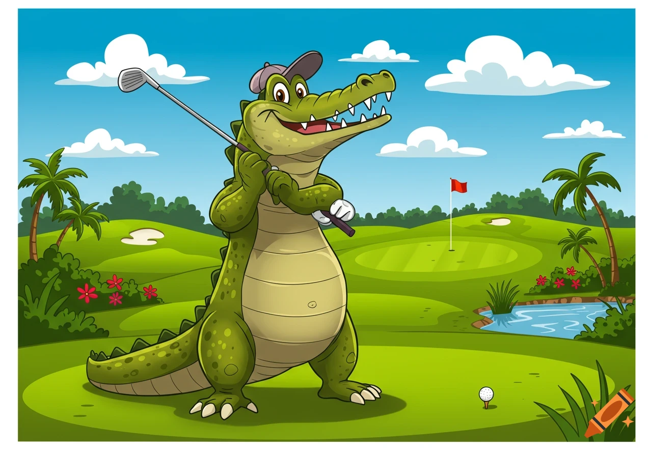 A smiling cartoon crocodile wearing a cap stands on a sunny green golf course, holding a golf club as if about to swing.