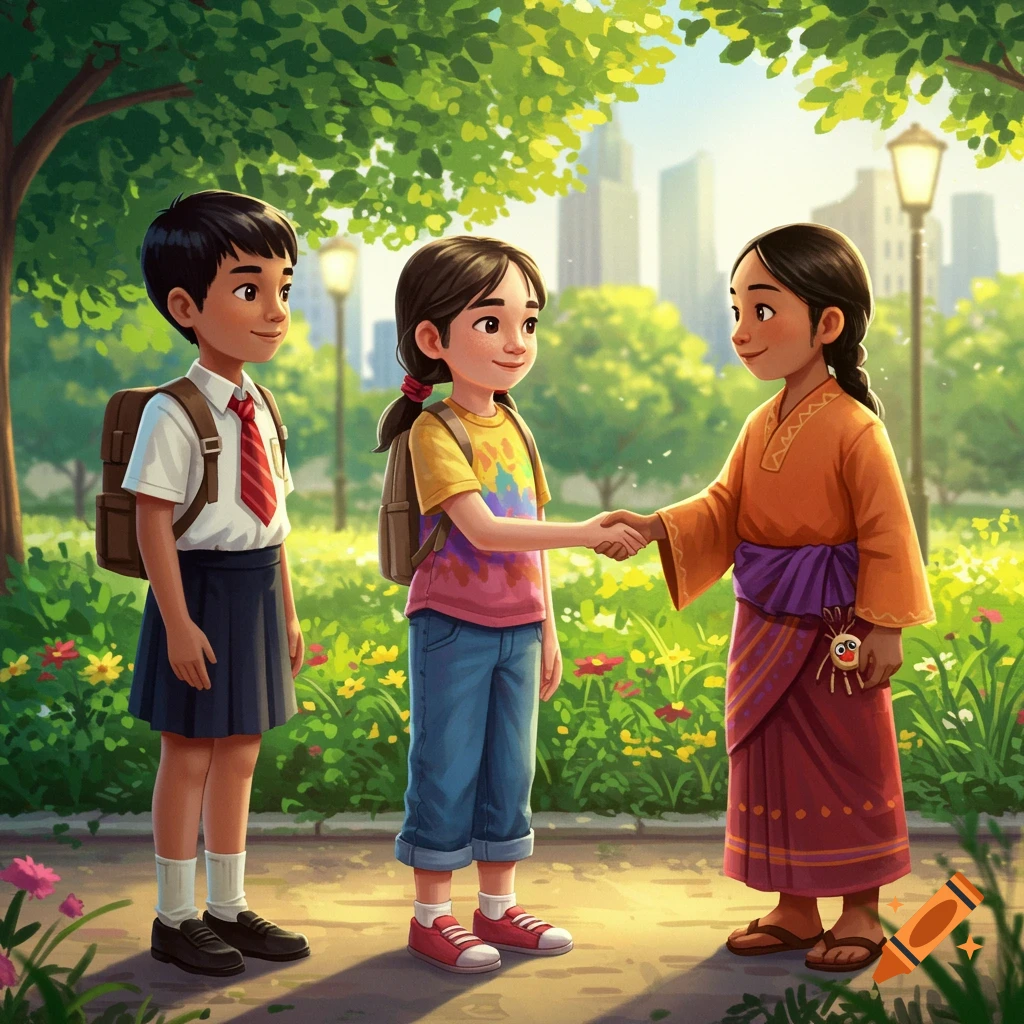 Two school children and an adult woman shake hands in a sunny park, illustrated in a friendly, cartoon style.