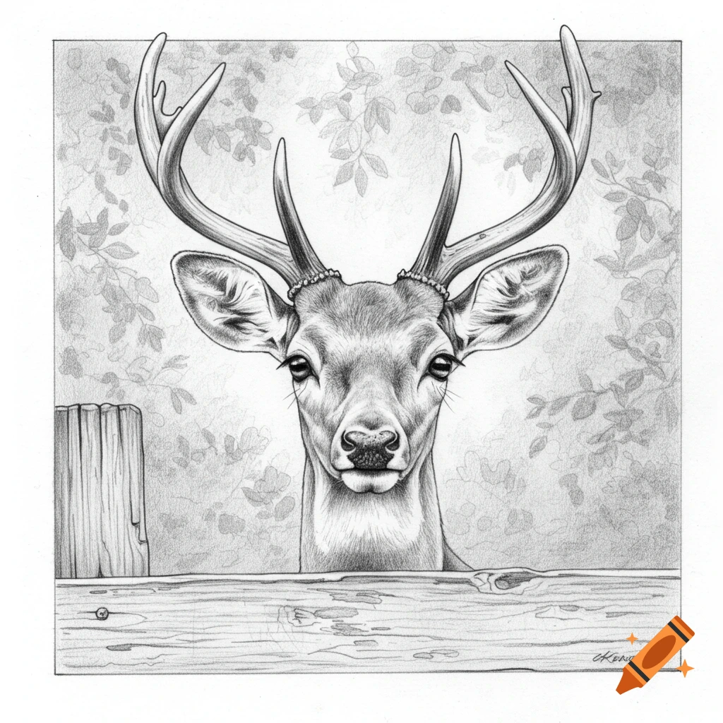 Pencil drawing of a deer with antlers peeking over a wooden fence, with foliage in the background.