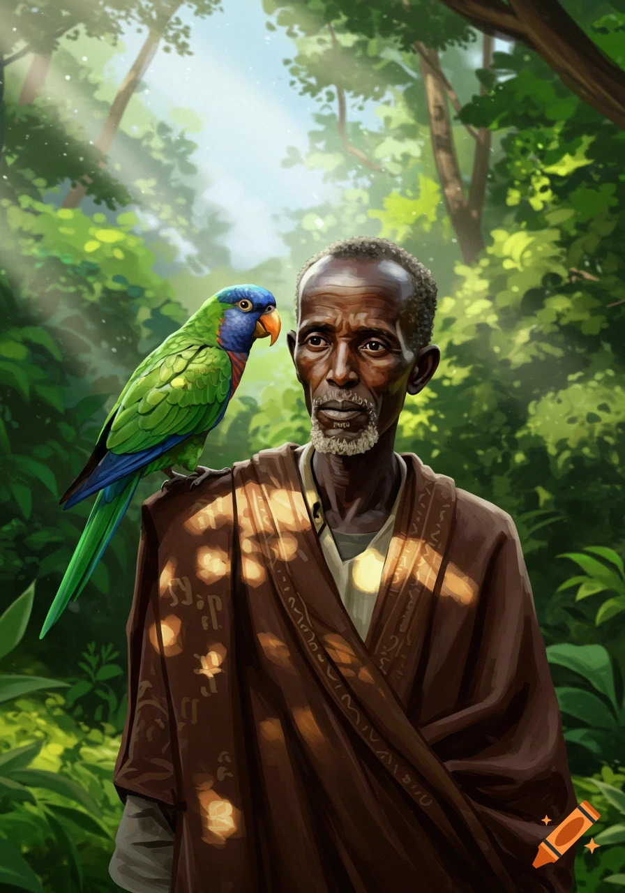 A vibrant green and blue parrot perches on the shoulder of an elderly man with a grey beard, in a sunlit jungle.