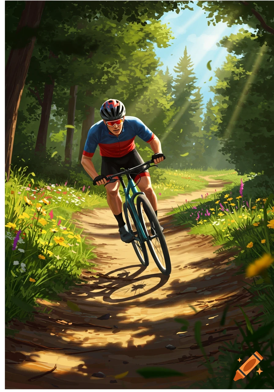 A man mountain biking on a dirt path through a sunlit forest filled with wildflowers, in an illustrative style.