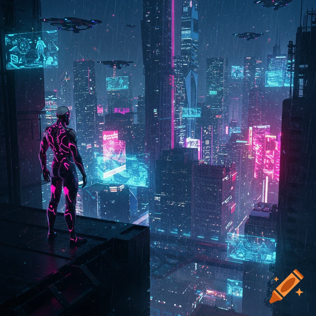 A person in a black suit with pink glowing lines stands on a rooftop overlooking a rainy, neon-lit cyberpunk city with flying vehicles and holographic screens.