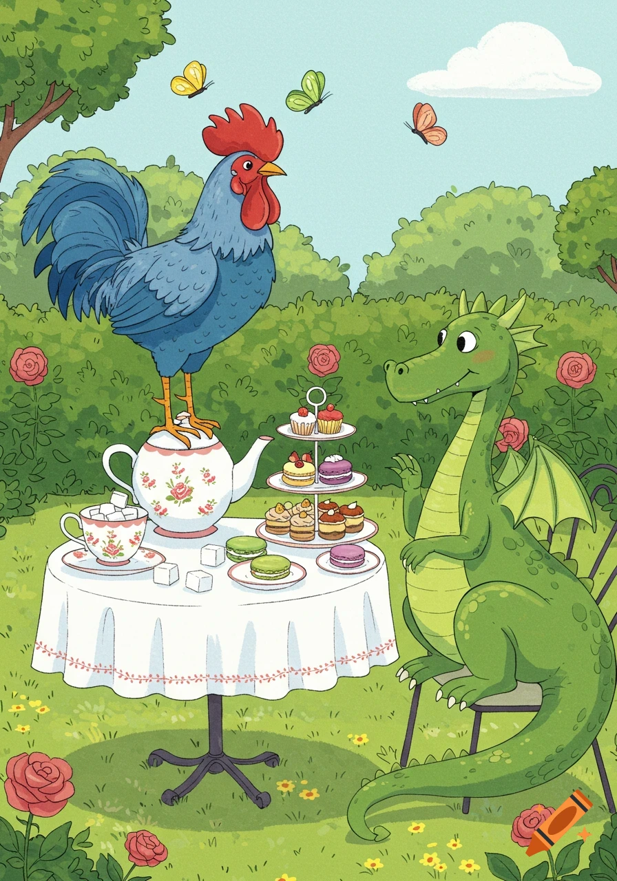 A cartoon blue rooster stands on a teapot at a garden tea party with a green dragon.