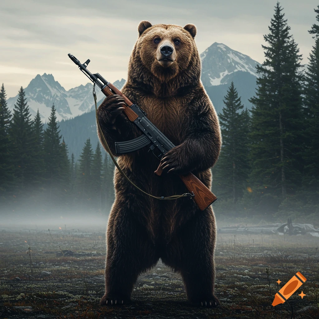 A photorealistic brown bear stands upright holding an AK-47 rifle in a misty forest with mountains.