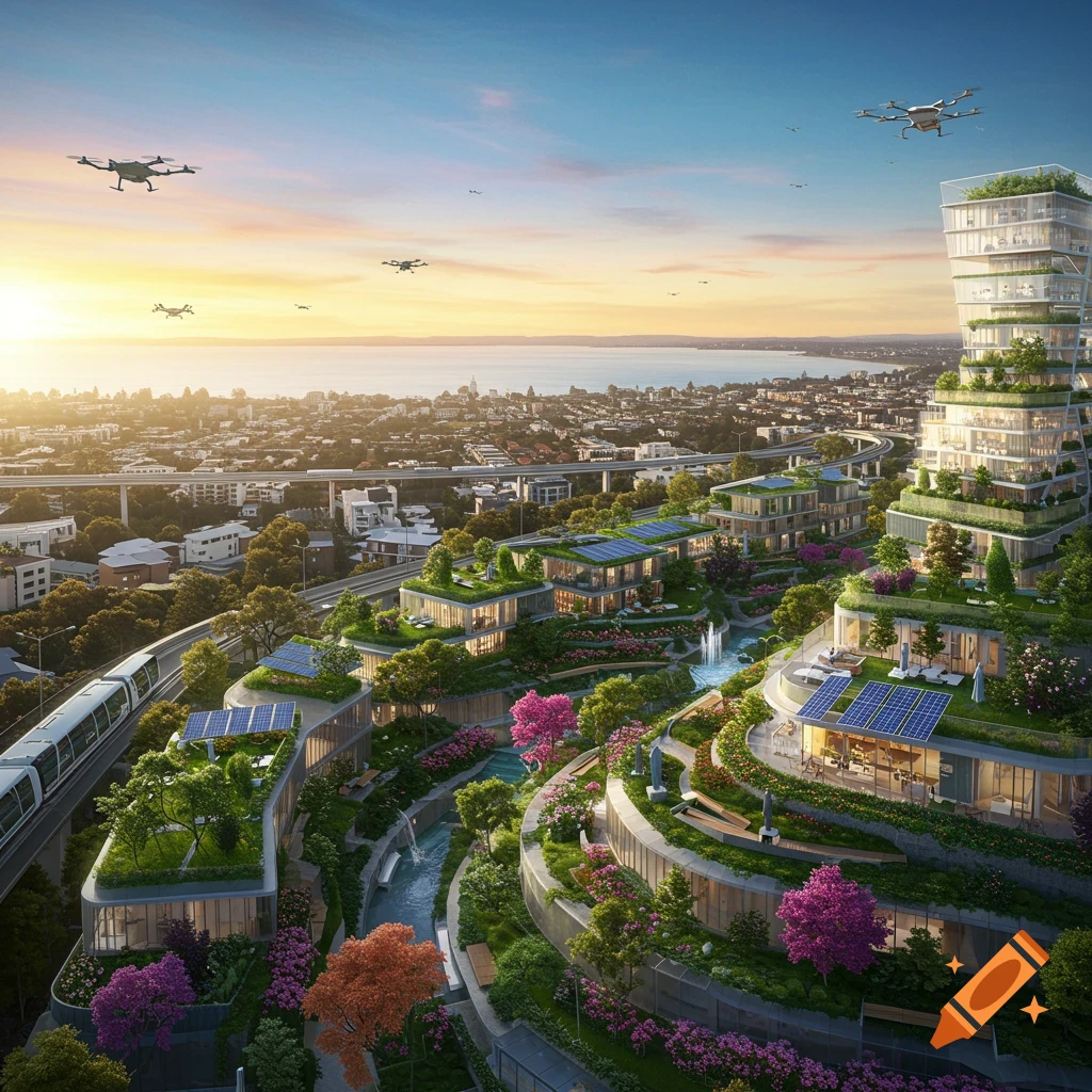 A stunning photorealistic view of a futuristic, green, terraced city with drones and a monorail overlooking a bay at sunset.